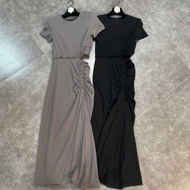 DEAT Women Holloe Out Pleated Midi-long Dress Round Neck Short Sleeve Arrivals Lady Sexy Fashion Spring Summer 11D694 210709