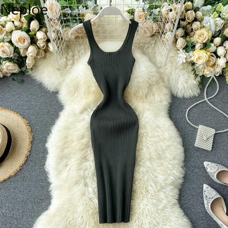 Neploe Knitted Dress Women Fashion Square Collar Sleeveless Tank Ladies Vestidos Elegant Slim Stretch Waist Bodycon Dresses 210630