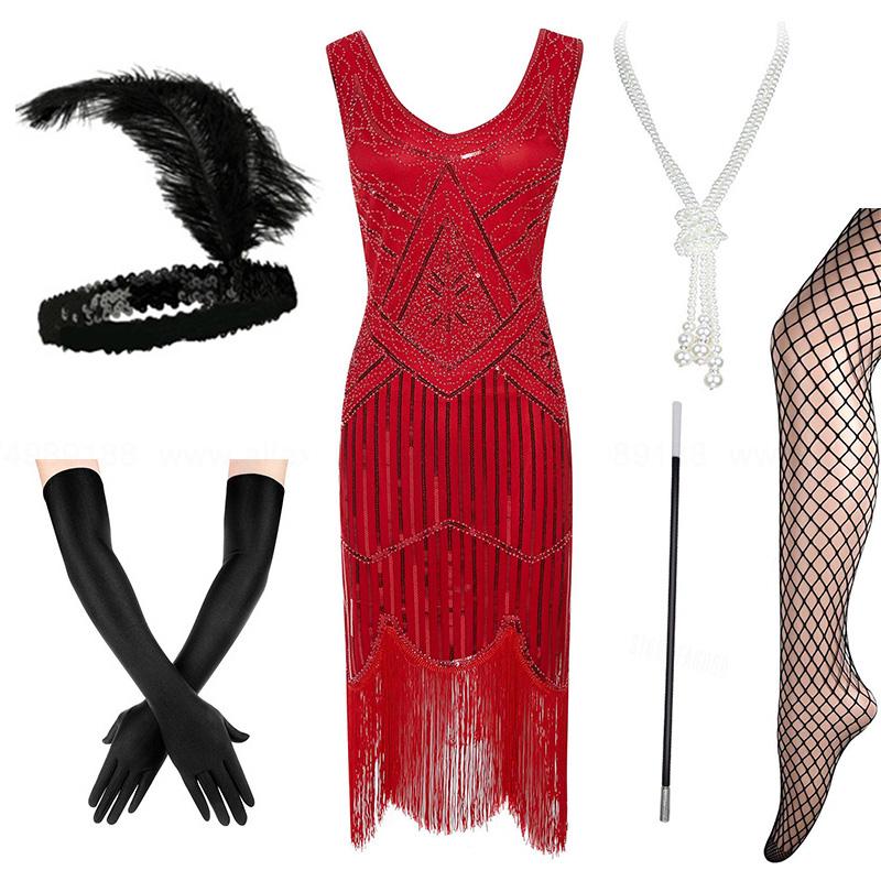 Casual Dresses Plus Size 4XL Women's Flapper 1920s Sequin Beaded Fringed Great Gatsby Dress W/Accessories Set XS-XXXXL