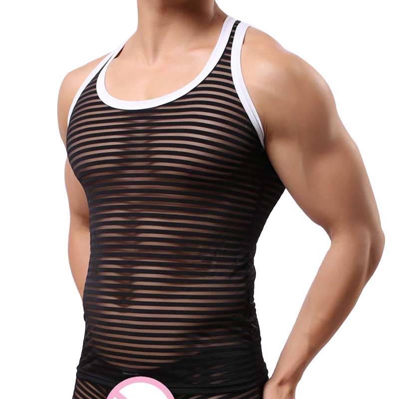 Men Sexy Bodybuilding Tank Top Fun Breathable Striped Camiseta Tirantes Hombre Undershirts Transparent Mesh Tank Top 210308