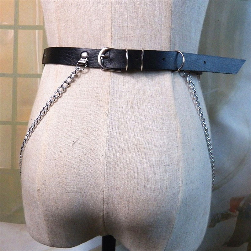 Women Faux Leather Link Chains Mini Skirts Goth Punk Metal O Rings Hollow Out Skirts Adjustable Party Club Festival Rave Skirt 210306