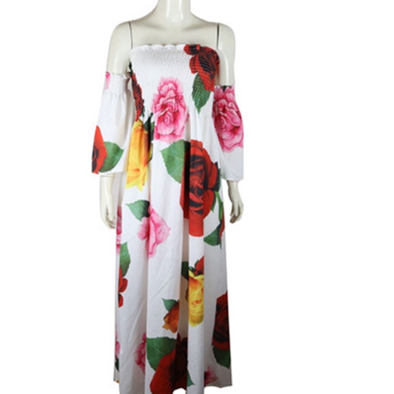 Women Dress Sexy Strapless Large Hem Print es Off The Shoulder Floral Loose Long Summer es Plus Size Maxi 210524