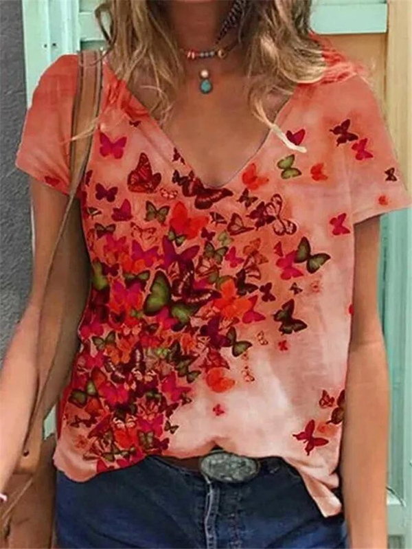Womens Butterfly Print Tshirts Summer Casual Short Sleeve T-Shirt Loose Streetwear Harajuku T Shirt Ladies V Neck Top Tee 210306
