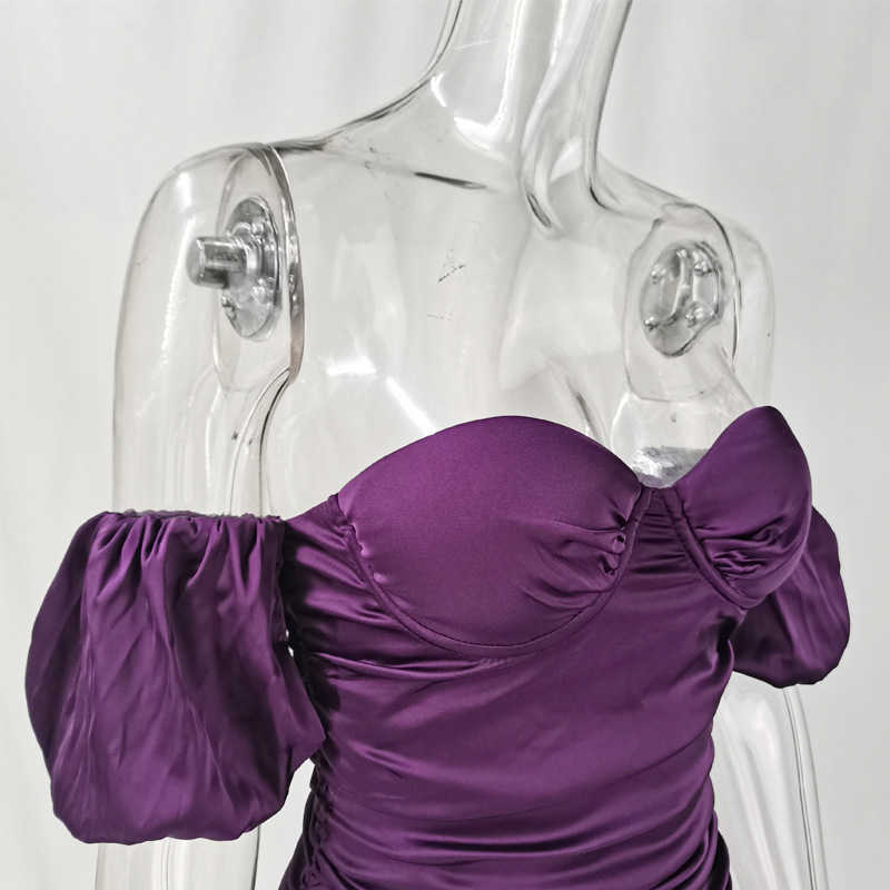 DEAT Spring Summer Arrivals Solid Slash Neck Backless Temperament Sexy Pleated Lantern Sleeve Slim Dress MZ200 210709