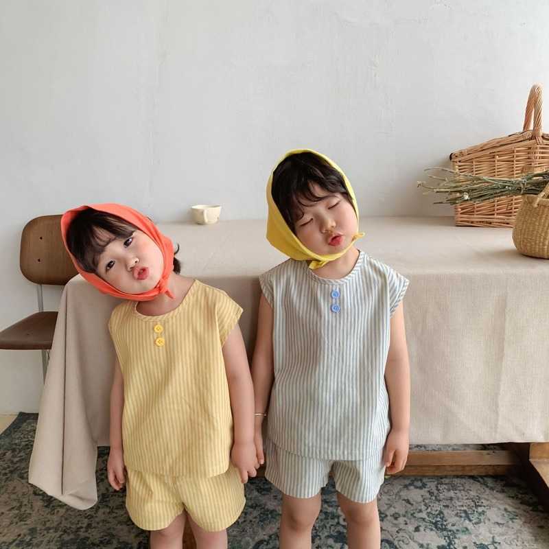Korean style summer set boys and girls cotton loose striped sleeveless T shirts shorts 2pcs suit children outfits 210615