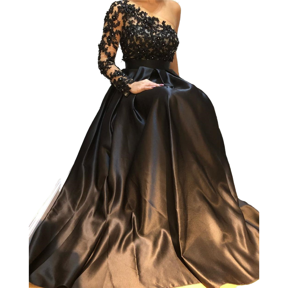 2021 Arabic Dubai One Shoulder Black Prom Dresses A Line Appliques Lace Beaded Satin Formal Long Evening Gowns Party Dress Robe De Soriee