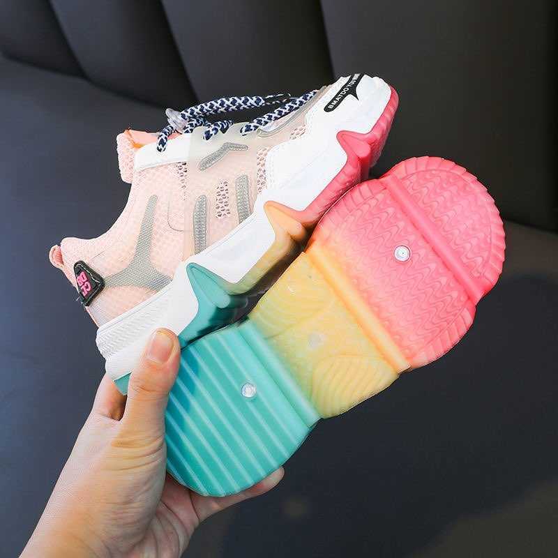 2021 new boys and girls fashion rainbow solid bottom sneakers children middle school students breathable running shoes Y0809
