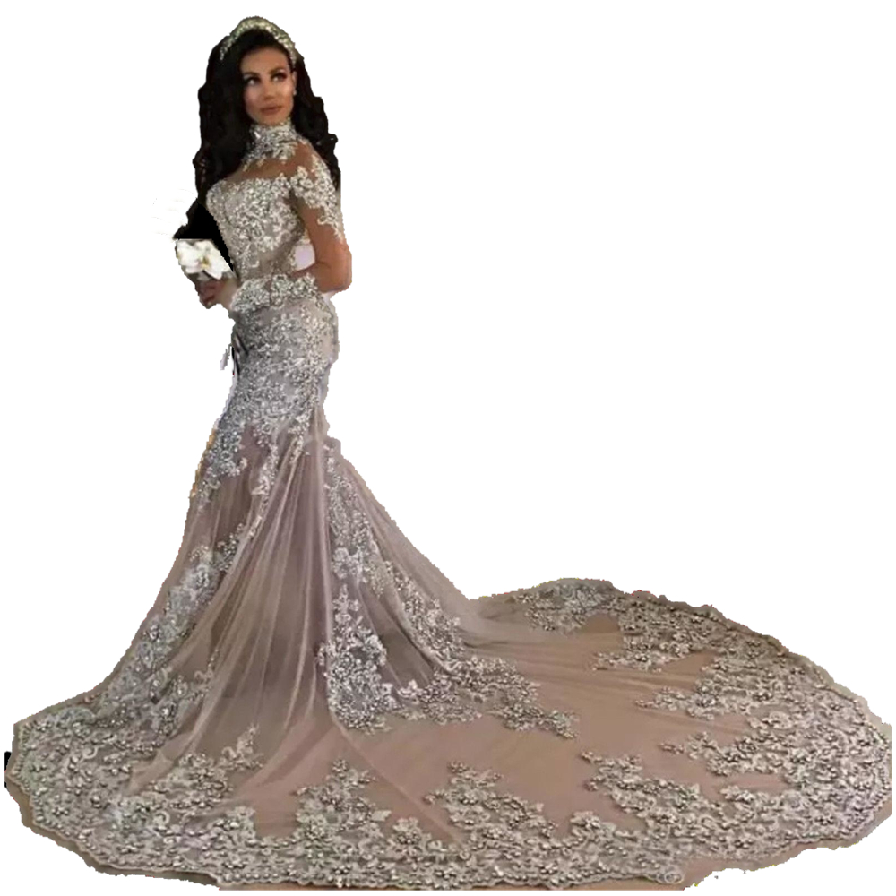 Luxury Saudi Arabia Dubai Crystals Mermaid Wedding Dresses High Neck Appliques Silver Lace Full Sleeves Illusion Bridal Gowns Long Train 2022 robe de 