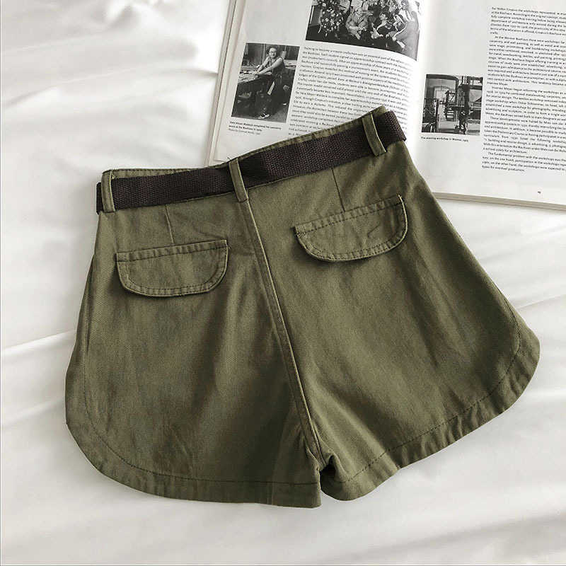 TIGENA Army Green Cotton Cargo Shorts for Women Summer Fashion Wide Leg Belt Pocket High Waist Shorts Female 210625