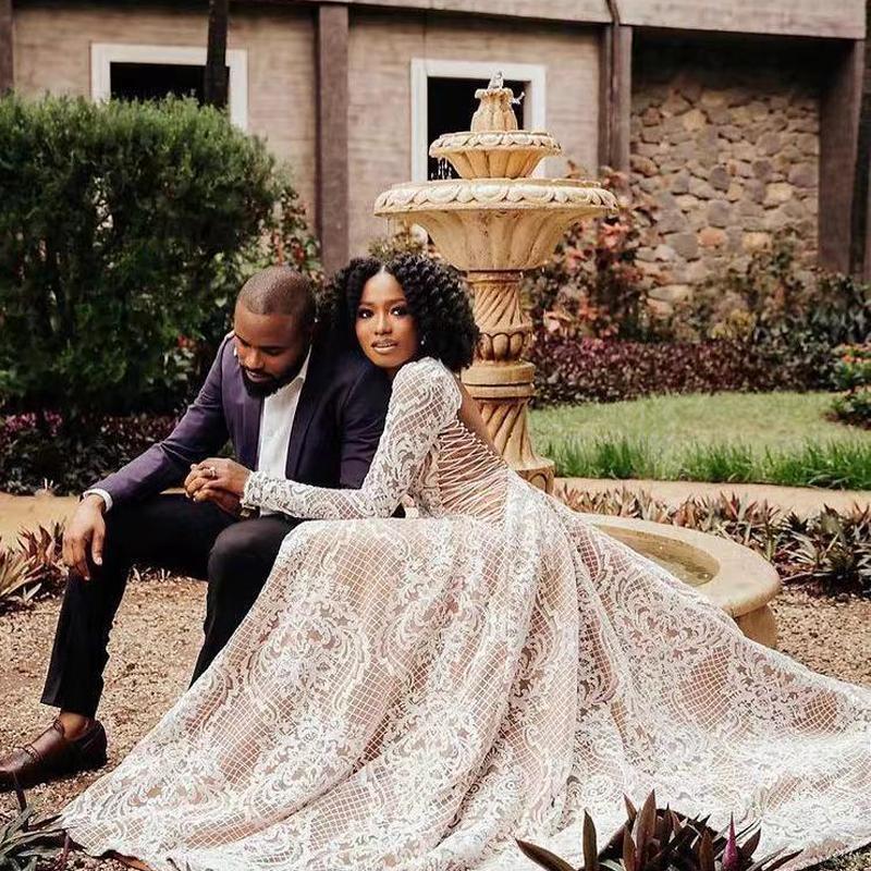 Vintage Crochet Lace Wedding Dresses Vestido De Novia Long Sleeve Sexy Slit Applique 2022 Garden Bohemian Bridal Dress Wear