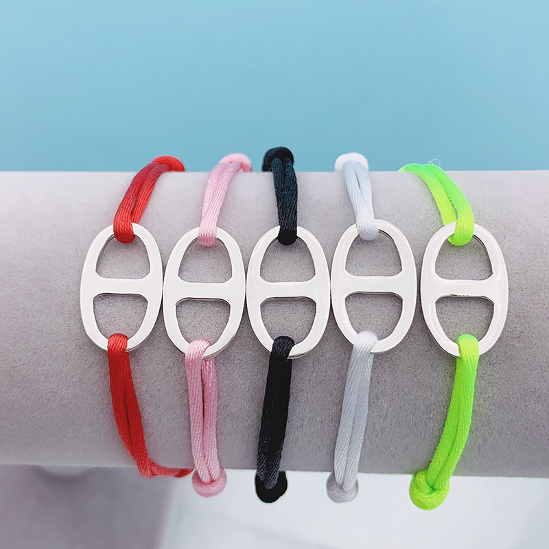Stainless Steel Bracelet Multicolor Ribbon Adjustable Rope 2021 Oval Shape Circle For Women Men Unisex Handmade Bangle Valentine Gift Party