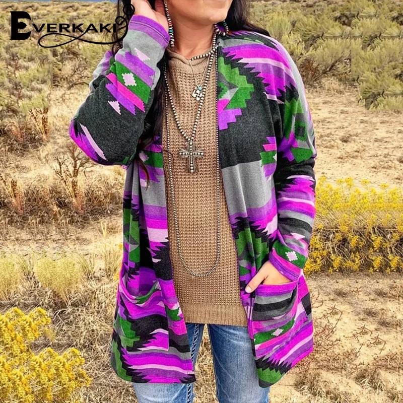 Everkaki Boho Print Jackets Coat Women Autumn Pockets Ethnic Ladies Gypsy Coats Outerwear Female Loose Winter New Fashion