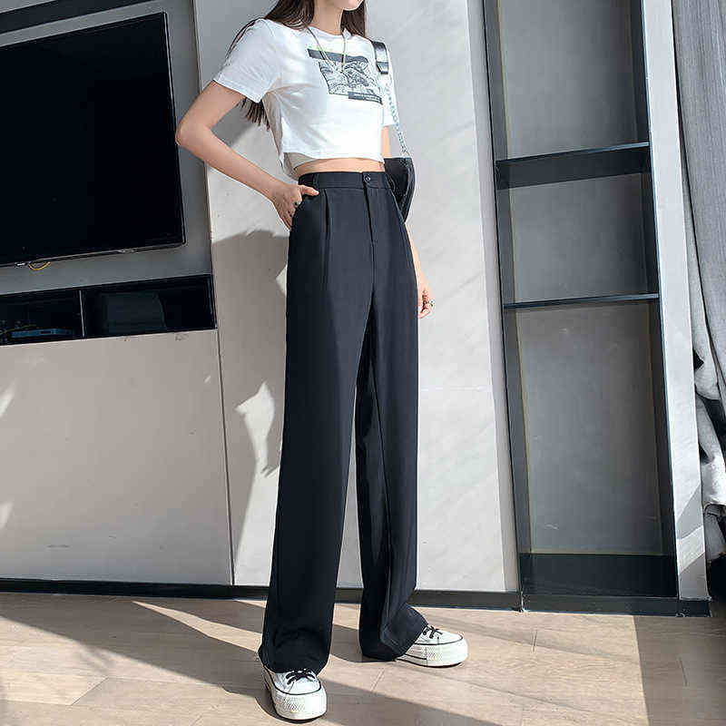 Casual High Waist Loose Wide Leg Pants for Women Spring Autumn Female Floor-Length White Suits Ladies Long Trousers 211115