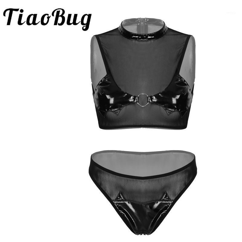 Womens Sexy Lingerie Suit See-through Mesh Patent Leather Patchwork Pole Dance Costume Mock Neck Sleeveless Tops With Briefs Bras Sets, Black
Womens Sexy Lingerie Suit See-through Mesh Patent Leather Patchwork Pole Dance Costume Mock Neck Sleeveless Tops With Briefs Bras Sets, Black