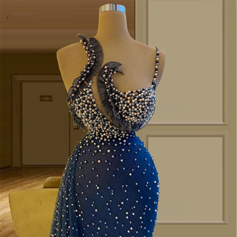 More Pearls Navy Blue Mermaid Prom Dresses Sleeveless Evening Dress Custom Made Beaded Spaghetti Strap Celebrity Party Gown