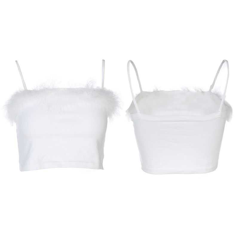 Womens Sexy Spaghetti Strap Feather Fluffy Plush Trim Crop Top Bandeau Camisole Pink, White 210625