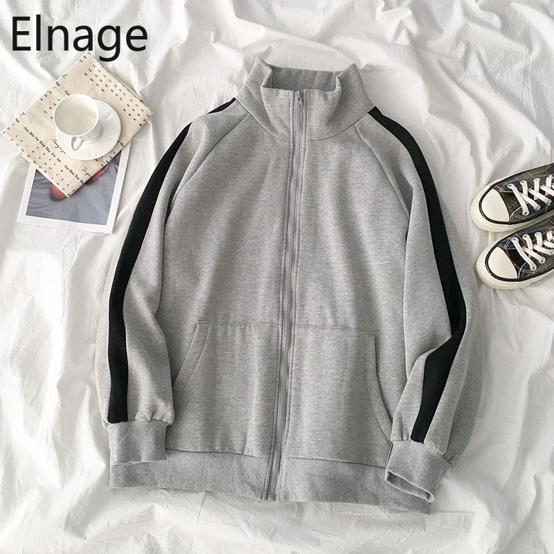 Korean Style Long Sleeve Zip Up Hoodies Spring Autumn Women Tops Loose Casual Sweatshirts Black Clothes Grey Moletom Thick 5B242 T200525