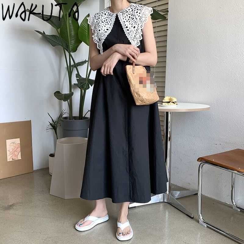 WAKUTA Lace Collar Sleevelesss Long Dress Women Korean Japanese Casual Loose Ladies Sweet Wind Elegant Vest Dresses Summer 210630