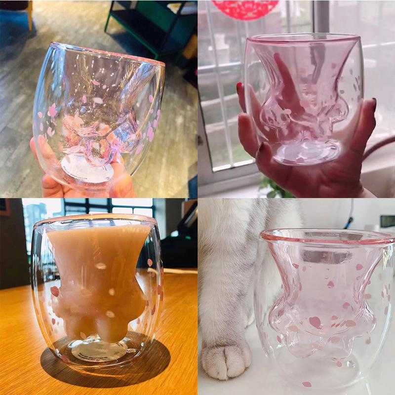 2019 Cute Cat Claw Glass Mugs Cartoon Coffee Milk Cup Double Layer Tea For Starbucks Girl Gifts Drop Shipping