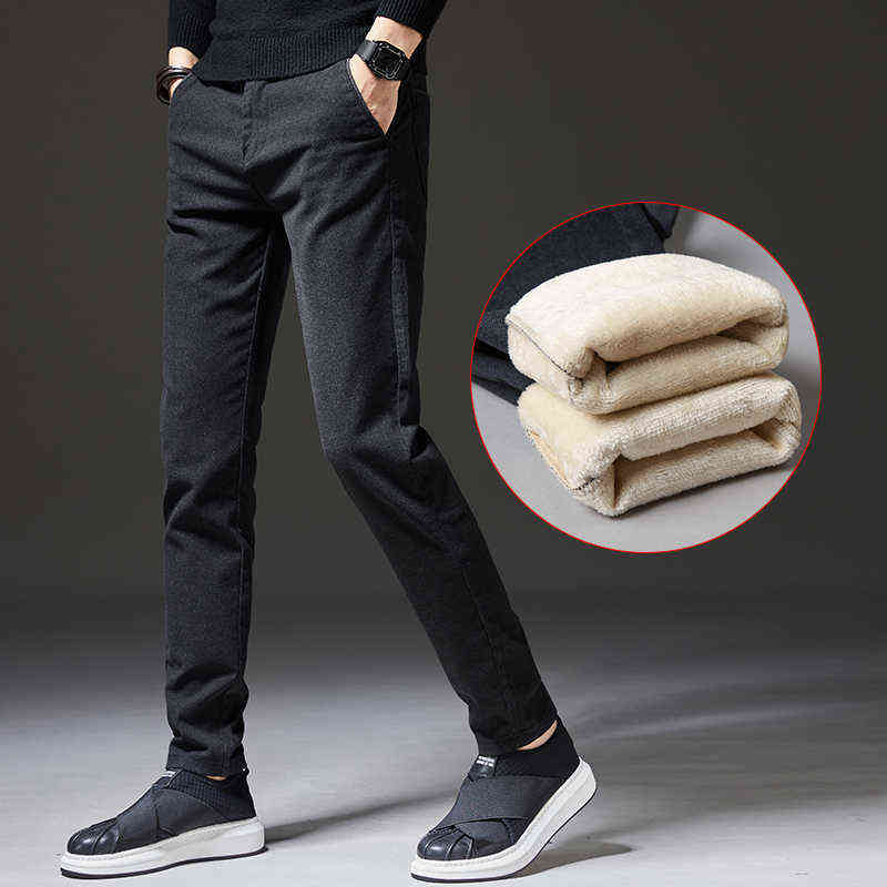 Pants Men Winter Fleece Casual Pants Men's Business Fashion Stretch Warm Velvet Black Gray Blue Trousers Big Size 28-38 211112