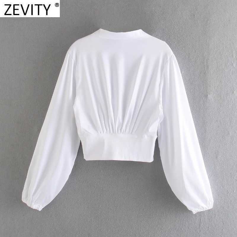 Zevity Women V Neck Black White Color Short Smock Blouse Female Lantern Sleeve Slim Court Shirts Chic Pearl Buttons Tops LS9268 210603