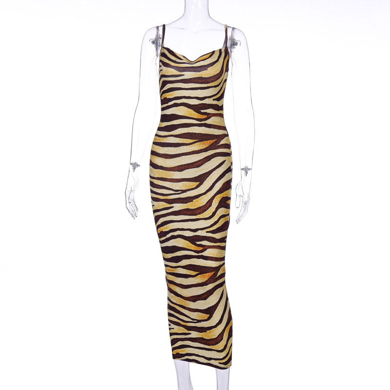 Urban Sexy Dresses Viifaa Multicolor Zebra Skin Print Summer Sexy Women Cami Long Dress Spaghetti Strap Sleeveless Party Slim Bodycon Dresses 210222