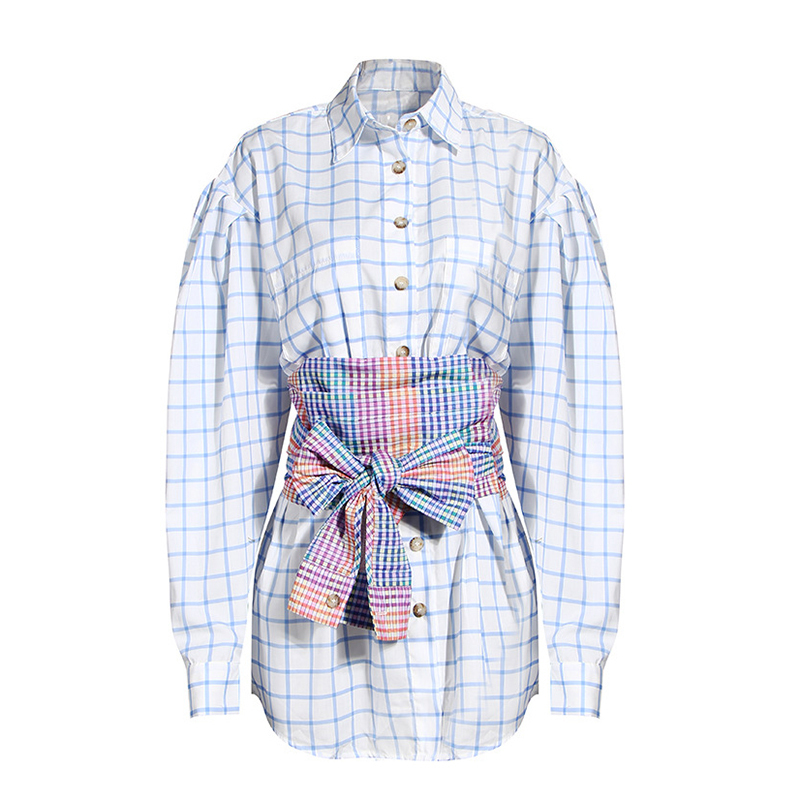 TWOTWINSTYLE White Bowknot Shirt For Women Lapel Lantern Sleeve Bandage High Waist Casual Blouse Female Autumn New Tide 210225
