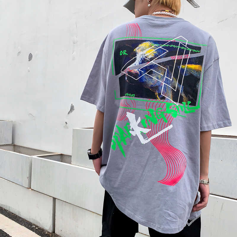 Print Hip Hop Tee Shirts Summer Round Neck Hipster T-shirt Black Grey 2colors 210603