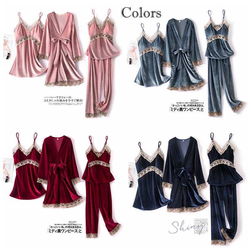 JULY'S SONG Fashion Velvet 4 Pieces Warm Winter Pajamas Sets Women Sexy Lace Robe Pajama Sleepwear Suit Sleeveless Nightwear 210924