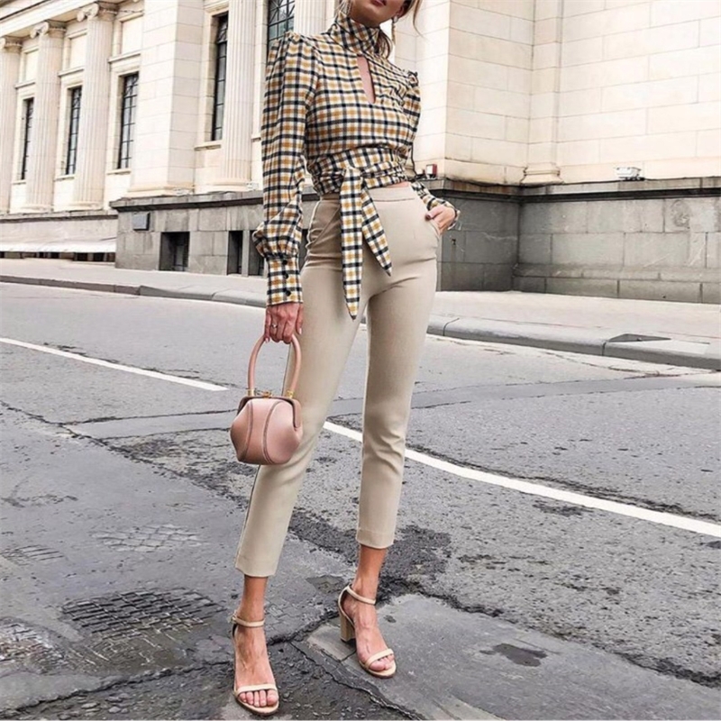 Autumn New Womens Sexy Blouse Ladies Long Sleeve Backless Bandage Tops Casual Plaid Shirts Hollow Out Turtle Neck Blouse T200322