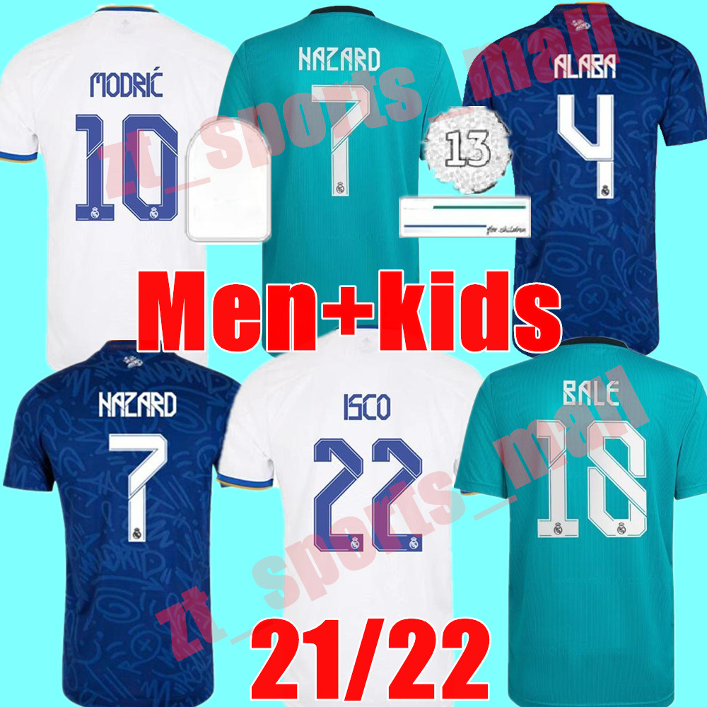 real Madrid soccer jerseys 21 22 home away 3rd BENZEMA ALABA HAZARD camiseta de futbol 2021 2022 KROOS MODRIC ISCO football shirt adult men kids kit youth, Adult home+league patch