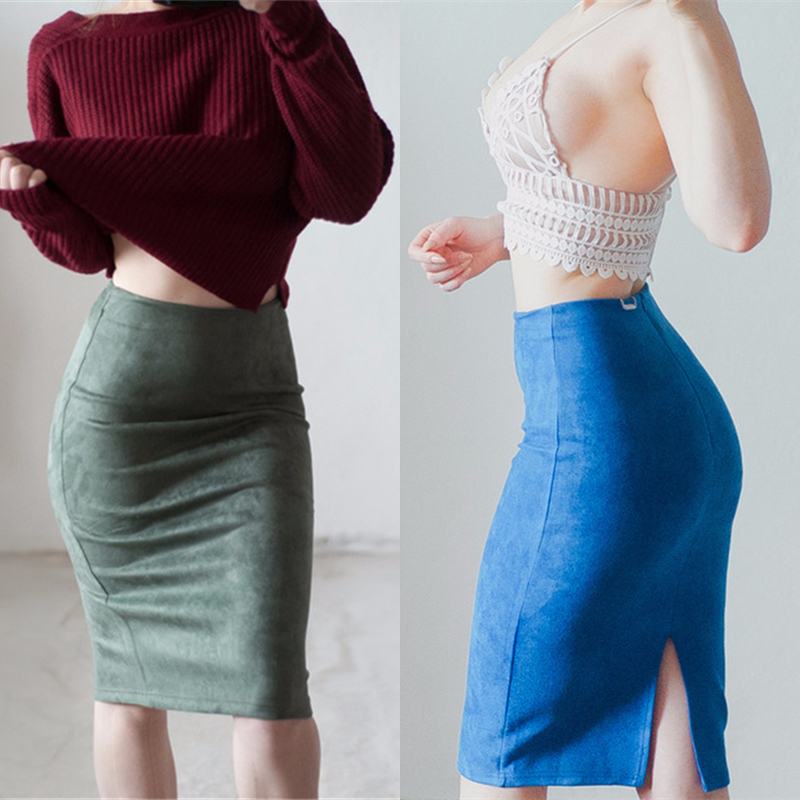 Neophil Winter Women Suede Midi Pencil Skirt High Waist Gray Pink XXL Sexy Style Stretch Wrap Ladies Office Work Saia S1009 210309