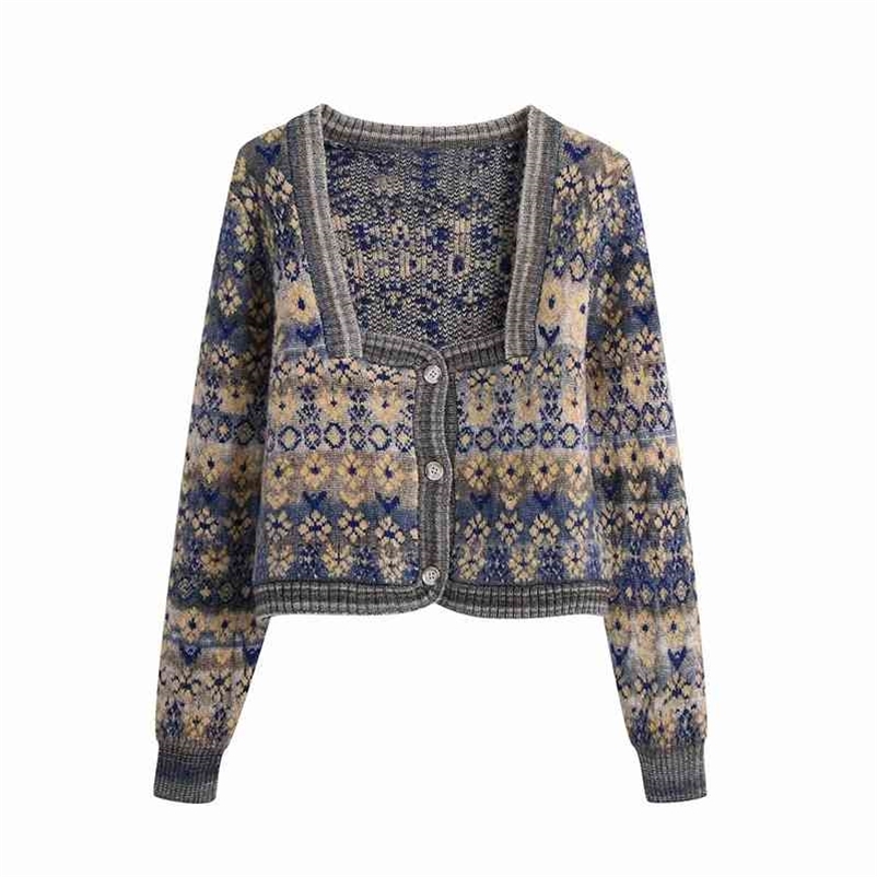 Vintage Women Floral Jacquard Sweater Fashion Ladies Knitted Short Coats Streetwear Female Chic Square Collar Cardigan 210527