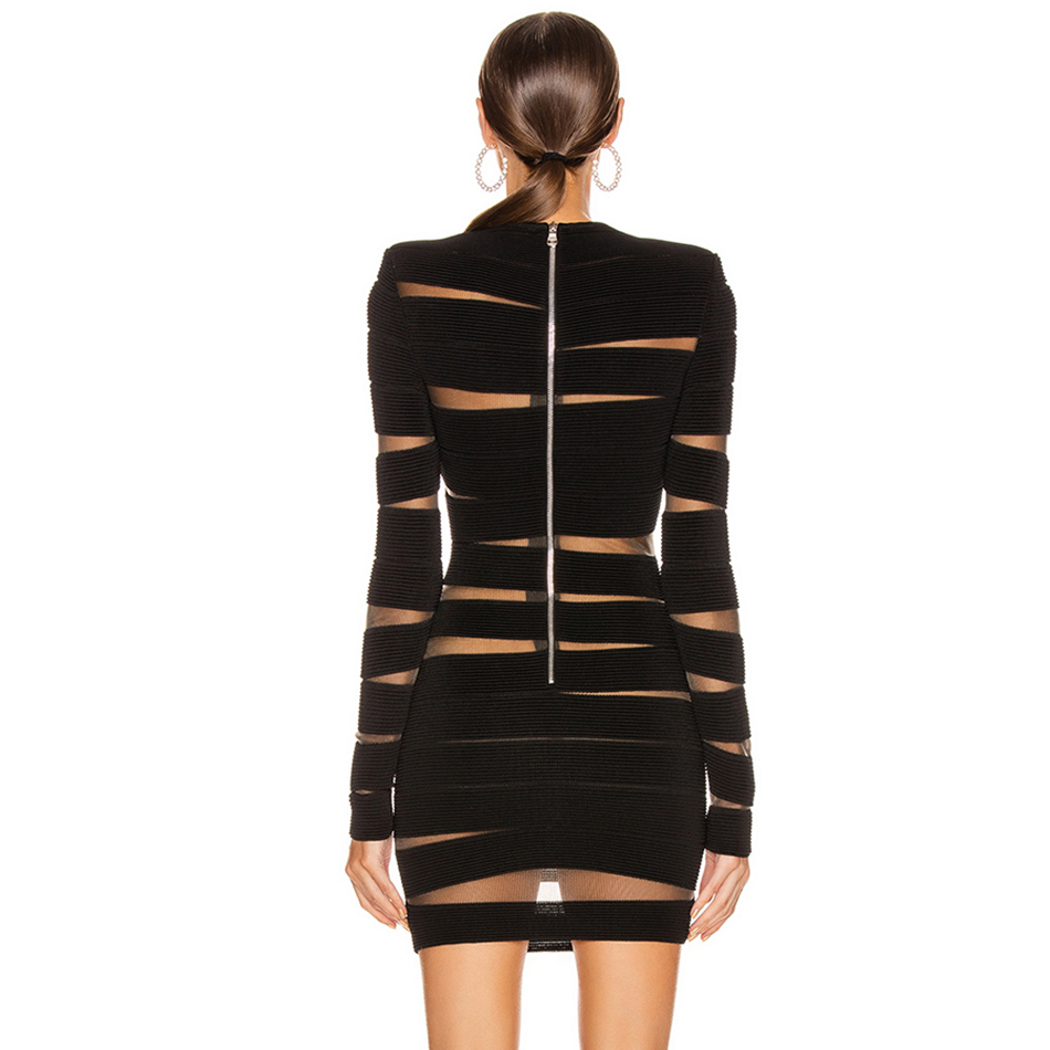 Adyce 2021 New Autumn Black Lace Bandage Dress Women Sexy Long Sleeve Hollow Out Club Mini Celebrity Evening Runway Party Dress 210303