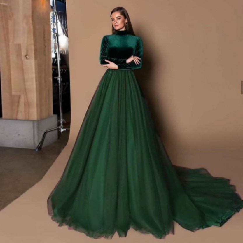 2022 Emerald Green Evening Dress High Neck A-Line Velvet Top Tulle Skirt Custom Made Arabic Prom Party Gown Robe De Soiree Vestidos Longo