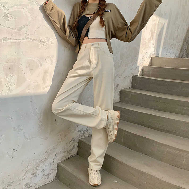 High Waist Spring Fashion Jeans Women Pants Beige Wide Leg Straight Harajuku Streetwear Casual Trousers Jean Femme 210922