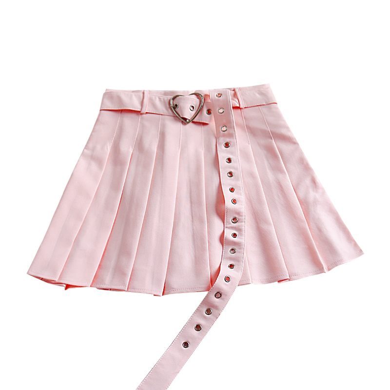 New Summer Women Pleated Skirt High Waisted Heart Shape Sashes Women Pleated Short Skirt High Quality 210309
