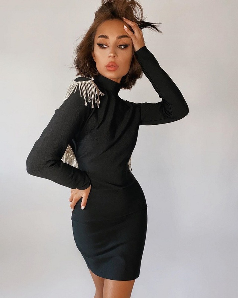 High Quality Red Black Sexy Fashion Sparkly Backless Diamonds Tassel Rayon Bandage Dress Cocktail Party Vestidos 210525