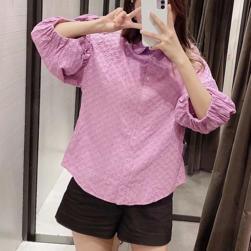 Women Flower embroidery Lantern Sleeve Shirts Smock Femme Peter pan Collar Blouse Casual Lady Loose Tops Blusas S7838 210225