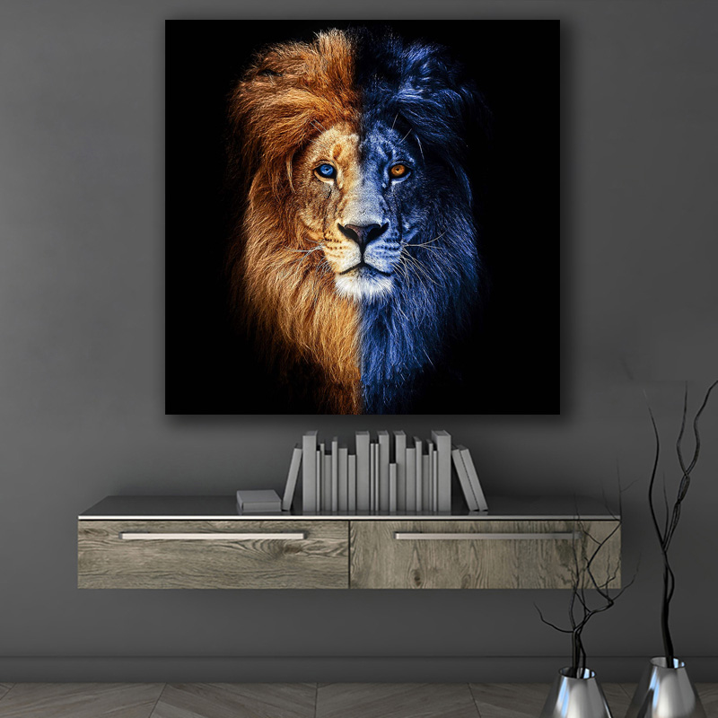 Modern Canvas Wall Picture Art Animal Painting Print Profound Lion Face With Double Colors For Living Room Home Decor No Frame