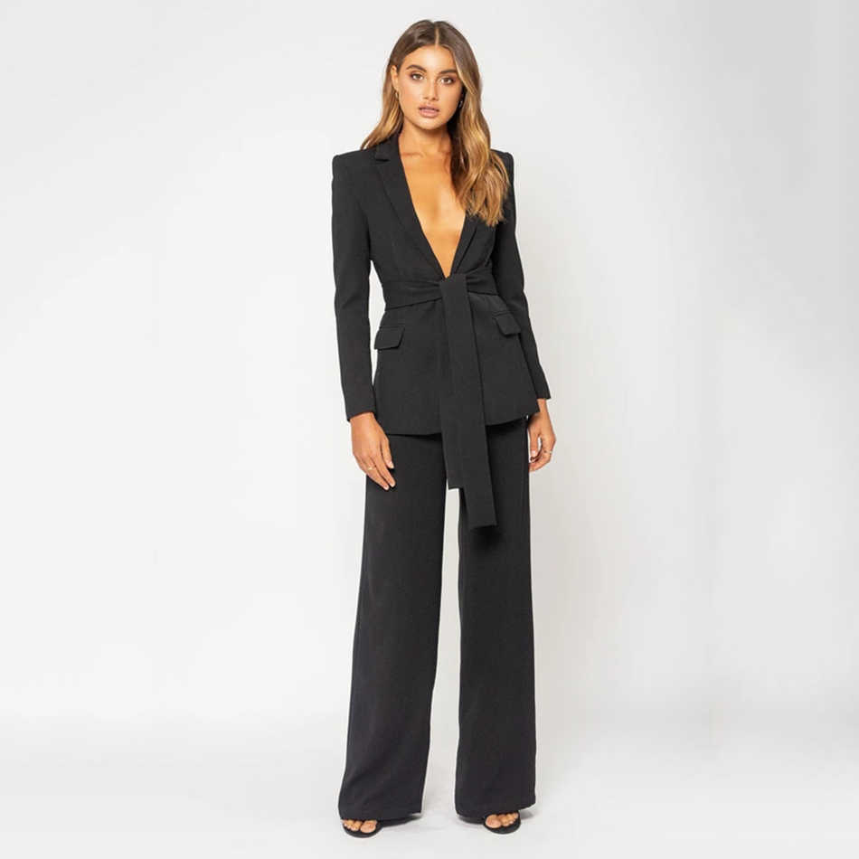 Ladies Work Pants Suit Ol 2-Piece Business Interview Uniform Smil Jacket And Wide Leg Office Sexy 210527