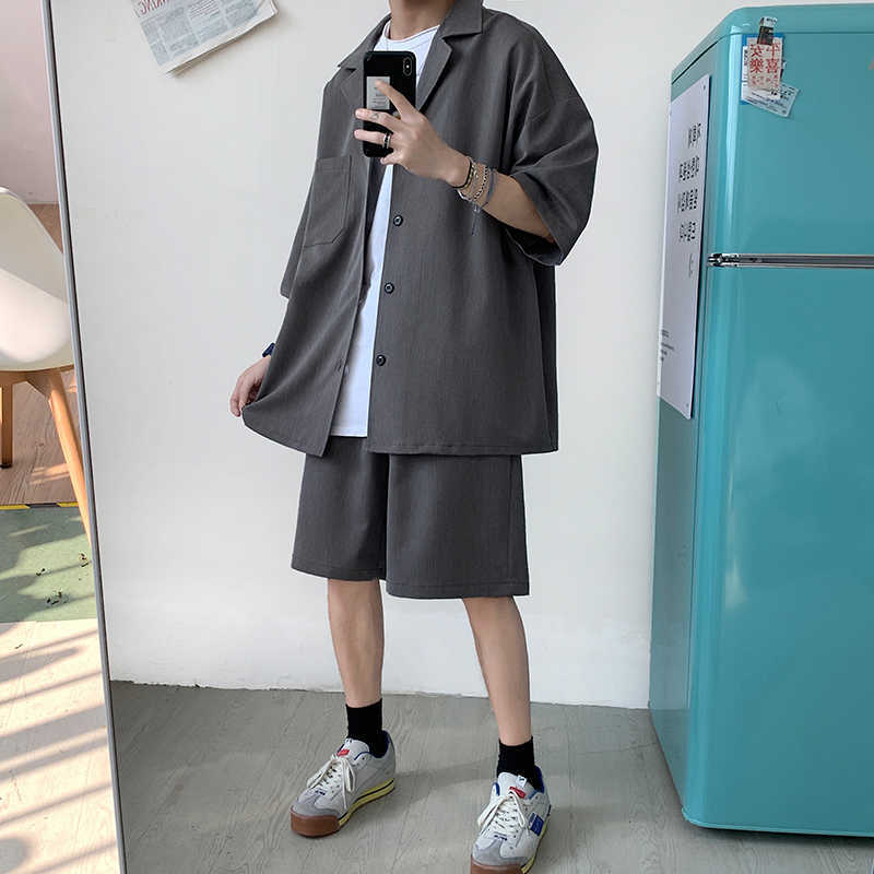 Men's Set Suit Summer Korean Style Casual Short Sleeve Jacket + Shorts Male Trendy Loose Knee-Length Solid Suit Oversize 210603