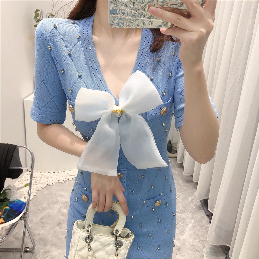 New design womens summer v-neck short sleeve bow patchwork cute sexy bodycon tunic rhinestone knitted sweater dress
