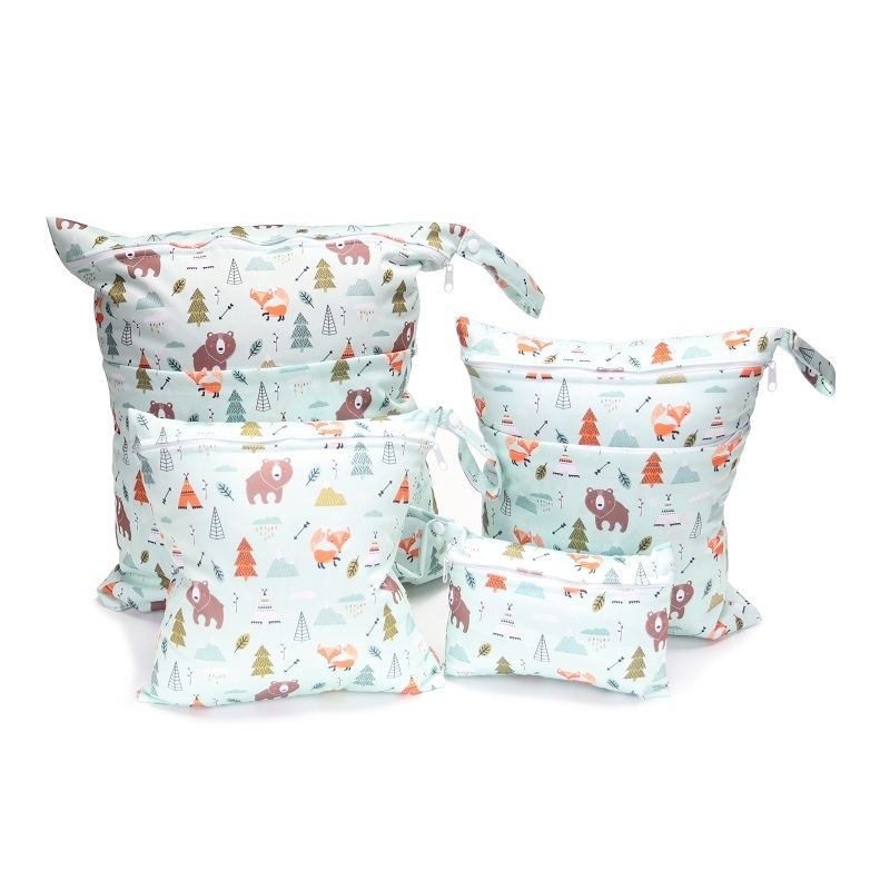 4 piece suit Travel PUL Wet Bags Baby Waterproof Cloth Diaper Bag Single Zipper Print Reusable Baby Nappy Wet Dry Bags Wetbags 210312