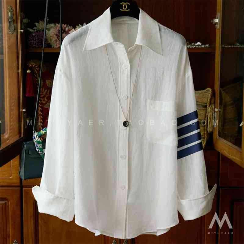 Preferred tone recognition design TB four bar webbing sleeve loose medium long linen white shirt q01012, Black
Preferred tone recognition design TB four bar webbing sleeve loose medium long linen white shirt q01012, Black