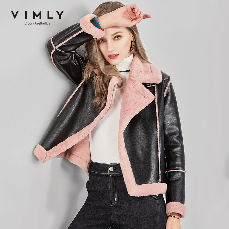 Vimly Women Lambswool Jacket Streetwear Autumn Winter Lapel Patchwork Zipper Thick Casual Female Short Leather Jacket 3389H 201019