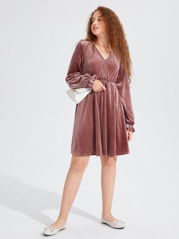 Teen Girls Surplice Neck Lantern Sleeve Tie Waist Velvet Dress SHE