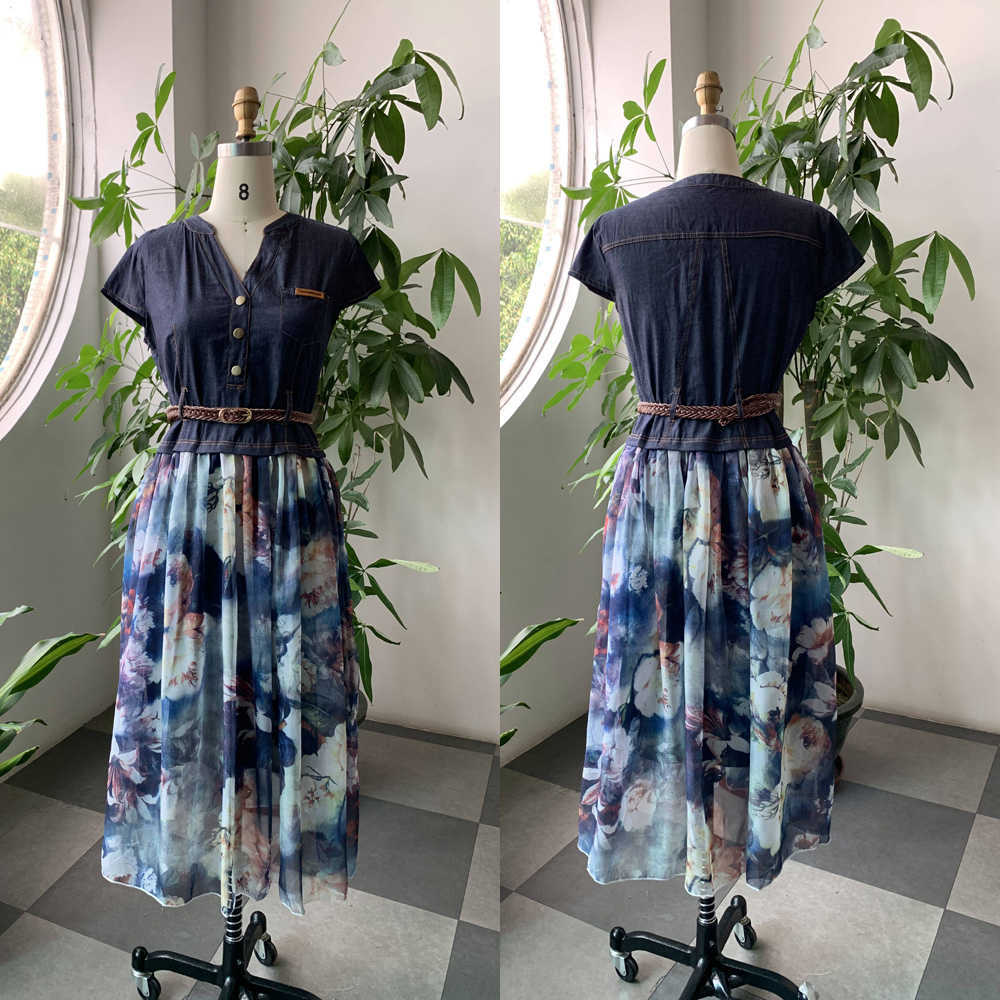 Denim Dress Long Women's Casual Chiffon Patchwork Floral Print Summer Female Maxi Dresses With Belt Japan Fashion Style 210630