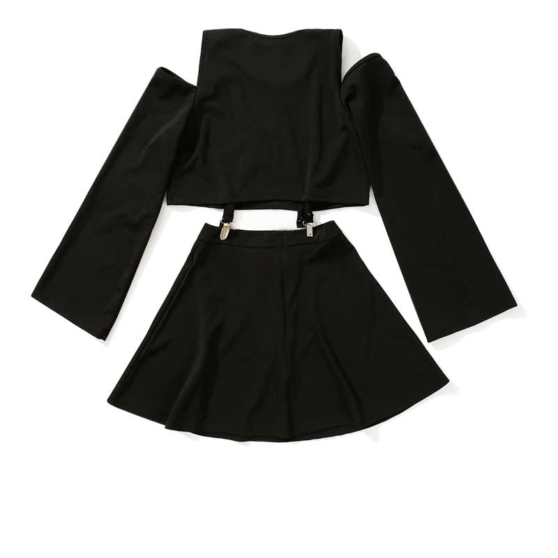 NiceMix Harajuku Women's Dress Handheld Rose Embroidery Black Short Mini A-Line Punk Style Dress Female Sets Two Pieces 210708