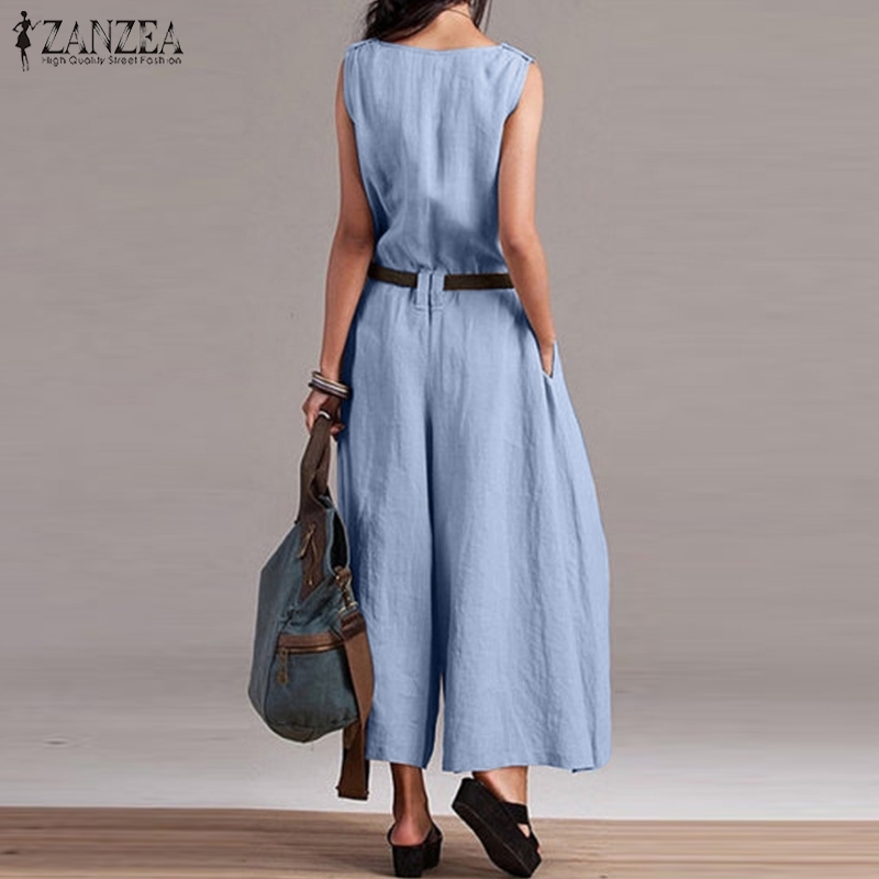 Wide Leg Pants Women's Jumpsuits ZANZEA Plus Size Linen Overalls Woman V Neck Rompers Female Sleeveless Summer Pantalon 5XL T200107